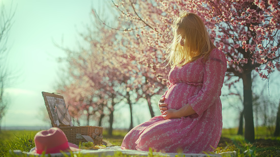 Amidst the beauty of a sunny day in the park,a side view captures a pregnant woman kneeling on a mat in front of a picnic basket. A serene scene that reflects the joy of pregnancy in the tranquil embrace of nature