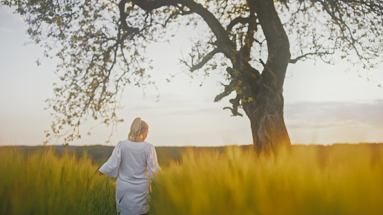 As the sun bids farewell,a rear view captures the elegance of a woman in a white dress,touching the earth in an agricultural field against the backdrop of the sunset sky