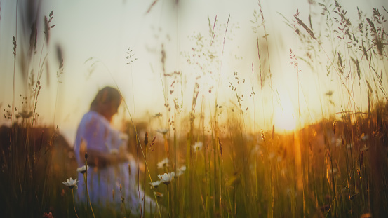 In a defocused tableau,capture the ethereal image of a pregnant woman gracefully kneeling on an agricultural field during sunset,the soft blur enhancing the dreamlike quality of this serene moment in nature's embrace