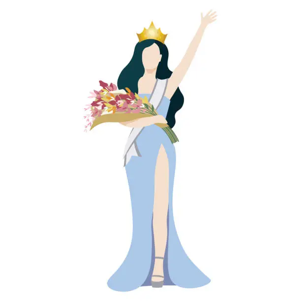 Vector illustration of An elegant beauty queen winner in soft blue evening gown with sash and crown, and holding flower bouquet