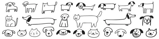 Vector illustration of Collection of cute dogs and cats. Sitting, standing and only faces. Hand drawn vector outline illustrations.