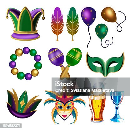 istock a set of illustrations of Mardi gras for a celebration on a white background drawn by hand 1814582371