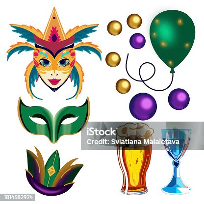 istock a set of illustrations of Mardi gras for a celebration on a white background drawn by hand 1814582924