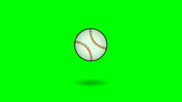 Baseball ball moving animation set. Pitch, falling, jump to the ground. Classic, typical striped stitched leather base ball, bounces from left to right, rolls. Ball moving away. Green screen video