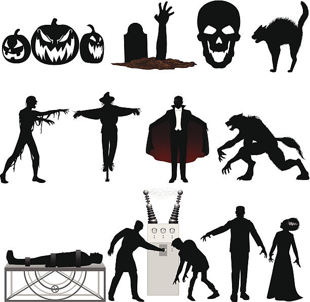 Set of black and red Halloween illustrations on a white Vampire, werewolf, Frankenstein and more. Files included – jpg, ai (version 8 and CS3), svg, and eps (version 8) vampire illustrations stock illustrations