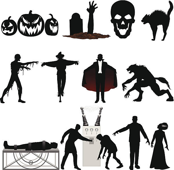 Set of black and red Halloween illustrations on a white Vampire, werewolf, Frankenstein and more. Files included – jpg, ai (version 8 and CS3), svg, and eps (version 8) monster back lit halloween cemetery stock illustrations