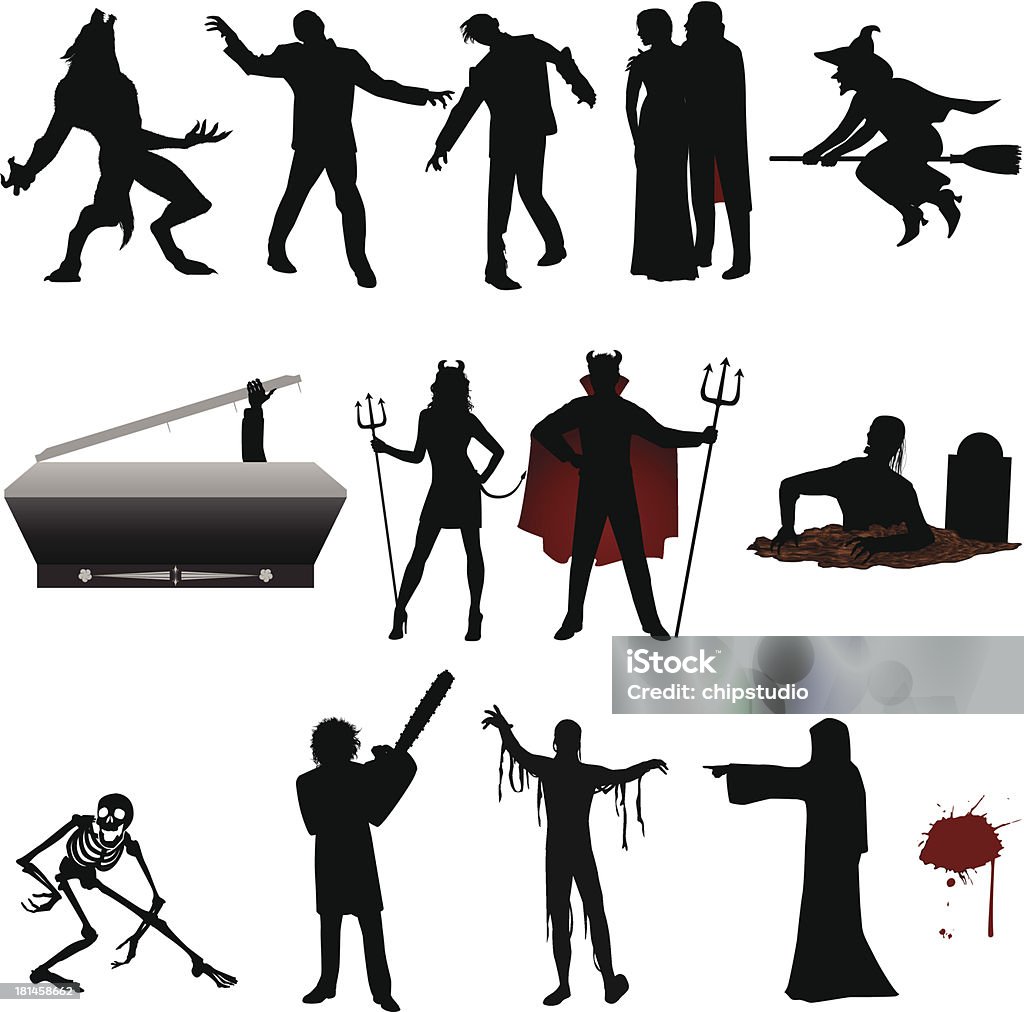 Halloween Silhouette Witch on a broom, zombies corpses and more. Files included – jpg, ai (version 8 and CS3), svg, and eps (version 8) In Silhouette stock vector
