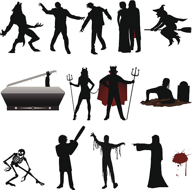 Halloween Silhouette Witch on a broom, zombies corpses and more. Files included – jpg, ai (version 8 and CS3), svg, and eps (version 8) vampire illustrations stock illustrations