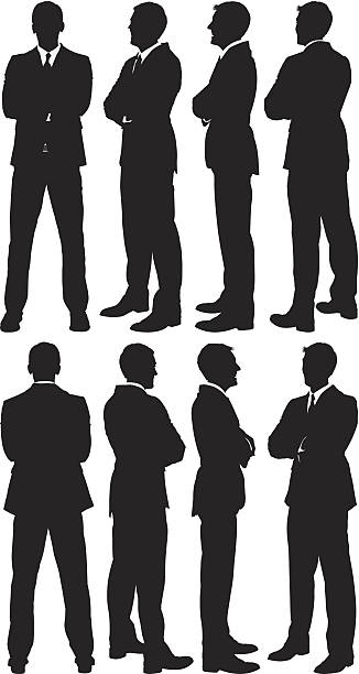 ilustraciones, imágenes clip art, dibujos animados e iconos de stock de empresarios de pie con los brazos cruzados - men inside of suit silhouette