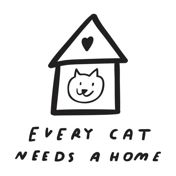 Vector illustration of Every cat needs a home. Handwriting phrase. Pet adoption concept.