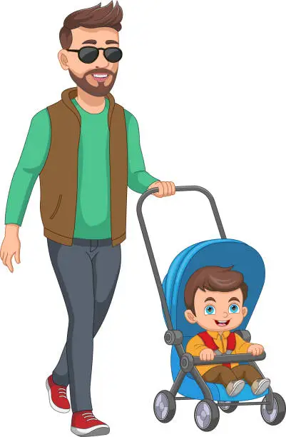 Vector illustration of young father with his baby in a stroller