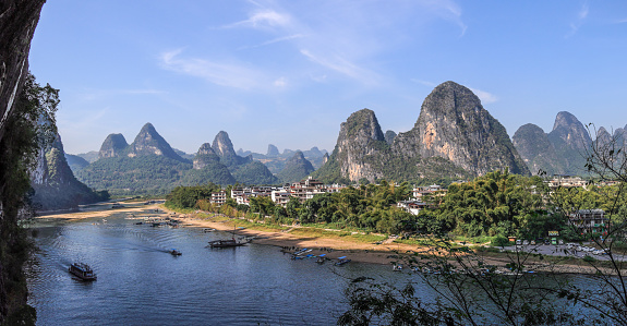 The Li River sinuosity at the ancient town Xingping with its famous karst mountains in Guilin, China