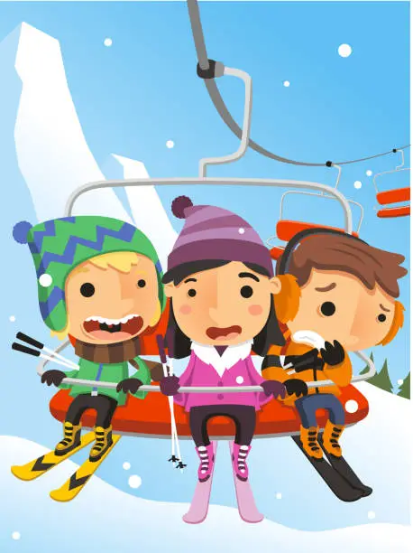 Vector illustration of Winter Snow Kids on Ski Lift Steel Cable Cabin