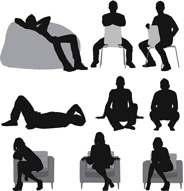 illustrations, cliparts, dessins animés et icônes de silhouette de gens assis dans différentes poses - fauteuil