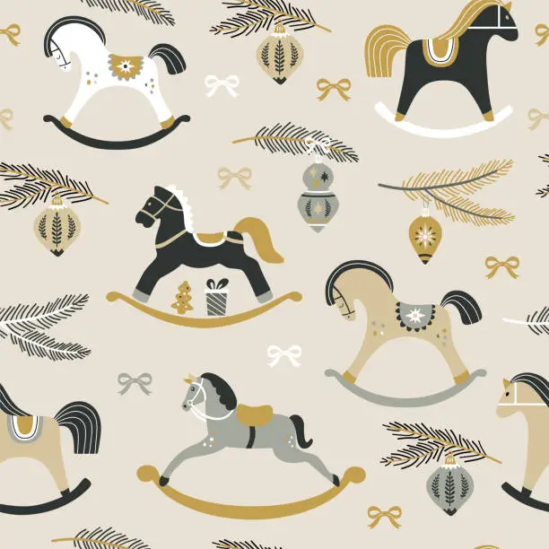 Vector illustration of Christmas pattern with childish rocking horses on beige background. Pine branch. Holiday design for Textile, Fabrics, Wrapping paper, Gift boxes.