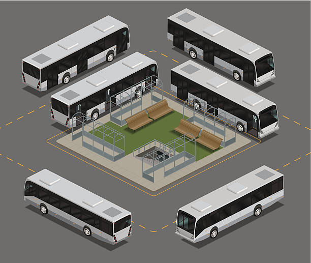 ilustraciones, imágenes clip art, dibujos animados e iconos de stock de la estación de autobuses isométricos - coach bus illustrations