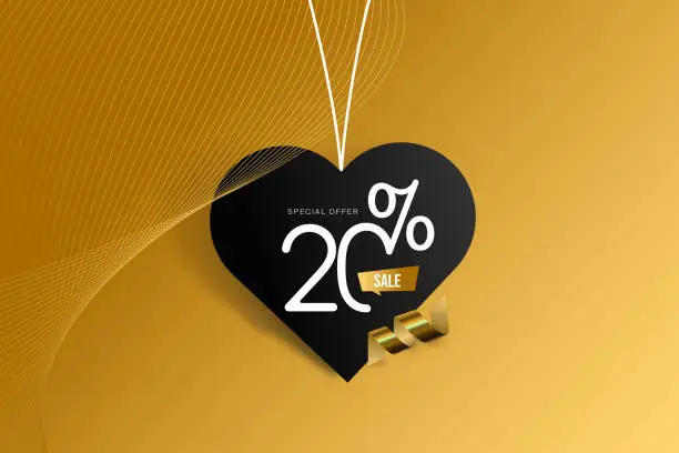 Vector illustration of A heart hanging from a string and a design with the discount rate written on it. Sale of special offers. Number 20. Discount with the number. Percentage Sign. Stock illustration