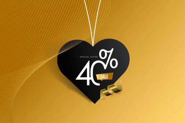 Vector illustration of A heart hanging from a string and a design with the discount rate written on it. Sale of special offers. Number 40. Discount with the number. Percentage Sign. Stock illustration