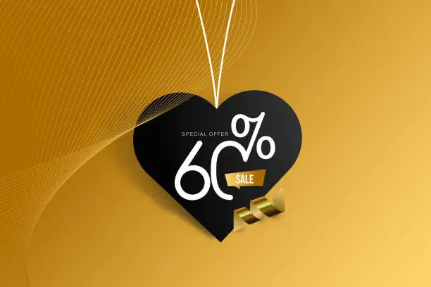 Vector illustration of A heart hanging from a string and a design with the discount rate written on it. Sale of special offers. Number 60. Discount with the number. Percentage Sign. Stock illustration