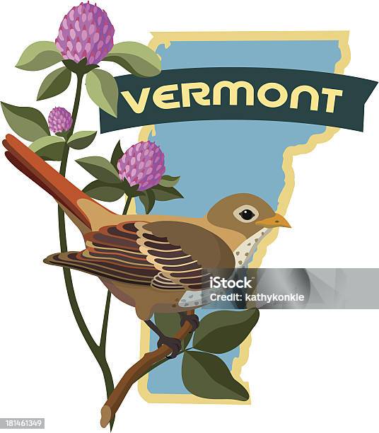 Vermont Państwowy Ptak I Kwiaty - Stockowe grafiki wektorowe i więcej obrazów Stan Vermont - Stan Vermont, Drozd, Etykieta