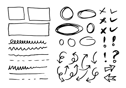 Doodle vector lines and curves.Hand drawn check and arrows signs. Set of simple doodle lines, curves, frames and spots. Collection of pencil effects. Doodle border. Simple doodle set.