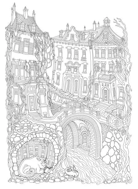 Vector illustration of Fairy tale Dragon in the old medieval grotto, safe underground cave shelter with library. Adults coloring book page