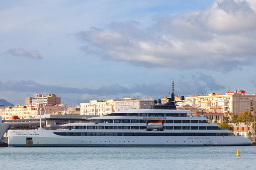 Málaga, Spain - 3rd November 2023: The luxury cruise yacht Emerald Sakara moored at Muelle Dos, Málaga, Spain.  The cruise line Emerald Cruises is headquartered in Switzerland.