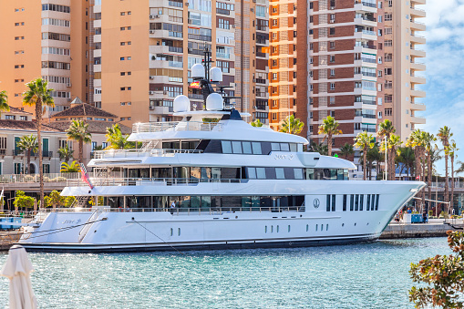 Málaga, Spain - 3rd November 2023: The superyacht Just J's moored to Muelle Uno in Málaga. Just Js was built by Hakvoort Shipyards in the Netherlands and is owned by American entrepreneur Jay Schottenstein.