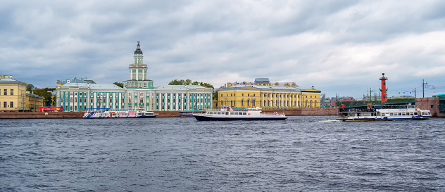 Russia,Saint Petersburg-September 30,2023: view to University Embankment, Kunstkamera, Academy of Sciences, Zoological Museum,Rostral Column.