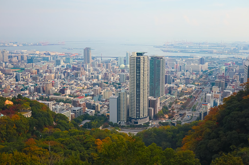 Osaka, Japan November 26 2023 : Landscape buildings surrounded by autumn leaves . views from ropeway ride.