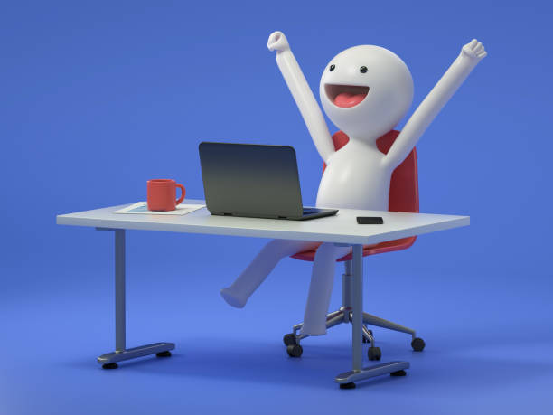 A 3D cartoon character success at work stock photo