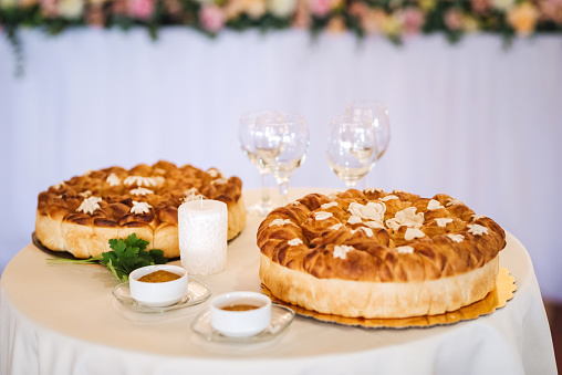 Homemade bread. Wedding ceremony , Balkan traditional wedding close up photo.