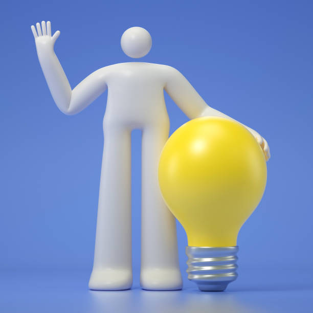 istock A 3D cartoon character standing with a light bulb. 1814702607