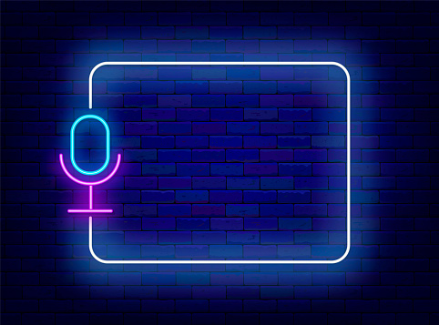 Podcast neon announcement. Live streaming event. Microphone and empty white frame. Comic show holiday. Shiny banner for stand up performance. Copy space. Editable stroke. Vector stock illustration