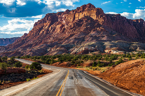 Utah State Route 24 leading through the Capitol Reef national park in Utah.