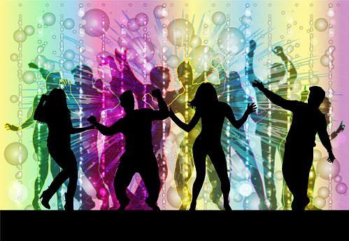 Dancing people silhouettes , retro background.