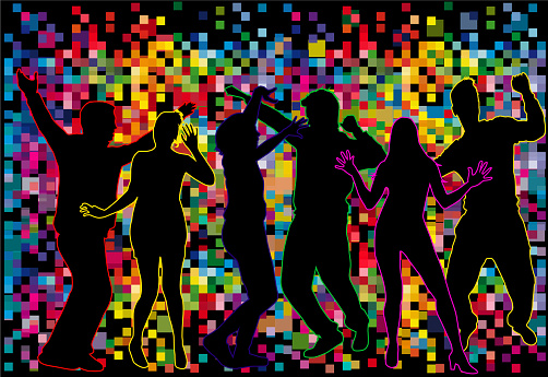 Dancing people silhouettes , retro background.