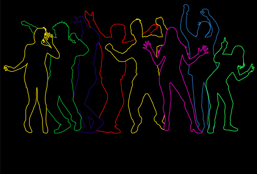 Neon silhouettes of dancing young people.