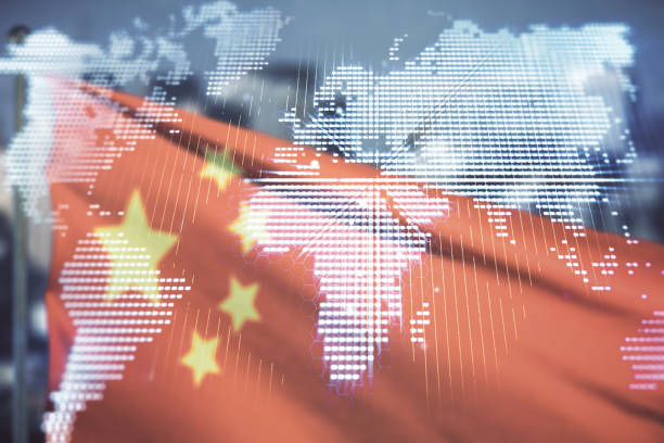 istock Abstract creative world map interface on flag of China and blurry cityscape background, international trading concept. Multiexposure 1814736113