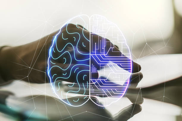 istock Double exposure of creative human brain microcircuit and hand working with a digital tablet on background. Future technology and AI concept 1814736634