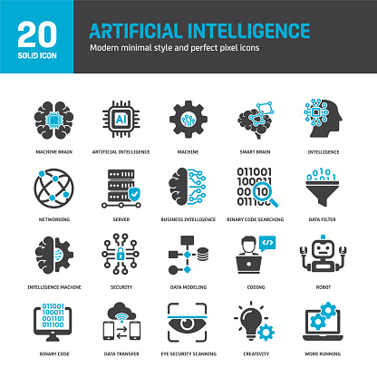 Aritficial Intellegence solid icons. Containing machine, brain, binary code, robot solid icons collection. Vector illustration. For website design, logo, app, template, ui, etc.
