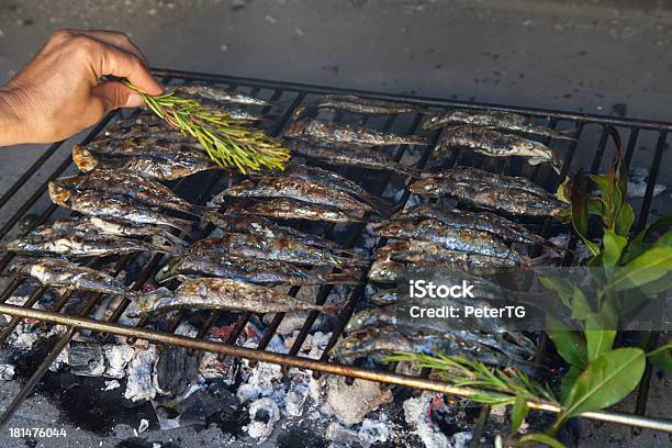 Oiling Fresh Mediterranean Fishes On Bbq Stock Photo - Download Image Now - Barbecue - Meal, Barbecue Grill, Bay Tree
