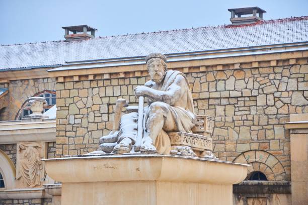 ESSENTUKI, Russia - December 07, 2022: Semashko Mud Baths building. Statues near a medical facility
