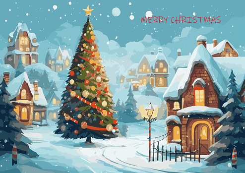 Vector illustration of Merry Christmas background and Happy New Year greeting card .Winter forest landscape background.Christmas tree.Snow falling over small village, copy space.