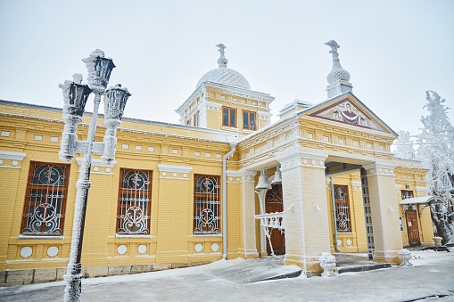 Zheleznovodsk, Russia - December 07, 2022: A city covered with snow and ice. Intercession Church in winter