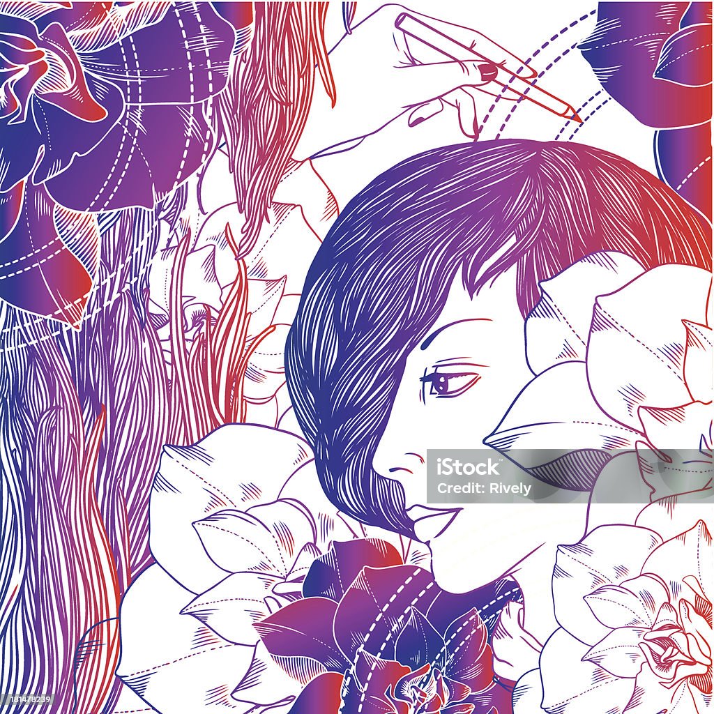 girl, flores, las olas y la mano con lápiz-fondo púrpura - arte vectorial de Abstracto libre de derechos