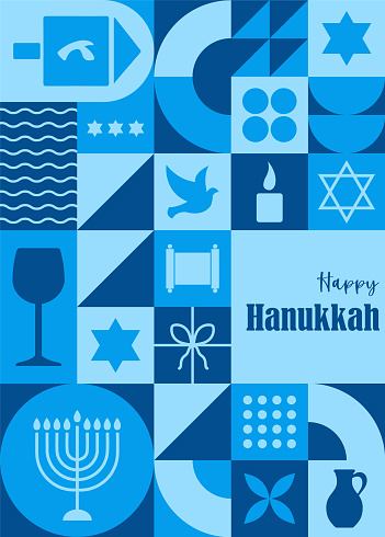 Happy Hanukkah poster. Modern neo geometric abstract background. Postcard, invitation, header for website. Composition of simple traditional icons in bauhaus minimalist style. Vector illustration.