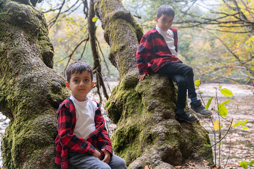 brothers having a good time together in Bolu Yedigöller National Park. During the autumn season, they can stay in touch with nature among the deciduous trees. They wore the same style of clothing. Taken in daylight with a full frame camera.