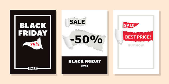 Set Of Sale Banners with Torn Paper Holes. Promotional Flyers, Cards or Posters, Inviting Shoppers To Explore Enticing Discounts And Offers during Black Friday Offers and Events. Vector Illustration