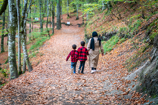 Mother and sons are having a good time together in Yedigöller National Park, Bolu. During the autumn season, they can stay in touch with nature among the deciduous trees. They wore the same style of clothing. Taken in daylight with a full frame camera.